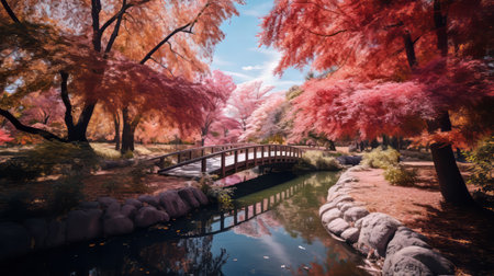 japanese park with red leaves covered bridge in autumn: this national geographic photo captures the beauty of an autumn japanese park, with vibrant red leaves surrounding a picturesque bridge. the scene is reminiscent of the ming dynasty era, featuring richly colored skies and a surreal, hyperrealistic environment. the light pink and aquamarine hues add a touch of psychedelic surrealism to this stunning australian landscape. aiの素材