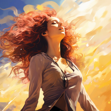 a woman with vibrant orange hair sits gracefully in the sky, reminiscent of the artistic styles of raymond swanland, marvel comics, alexandr averin, and michael garmash. the wavy strands of her hair catch the sun's rays, creating a mesmerizing editorial illustration. ai generatedの素材