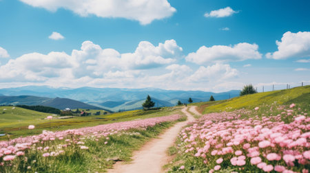 flowers in a field beside a dirt path on a beautiful spring day. the vibrant pink and aquamarine hues create a dreamy and cute atmosphere. as you walk uphill, you are surrounded by mountainous vistas and spectacular backdrops. captured with a rollei prego 90 by yukimasa ida, this photo showcases epic landscapes. ai generatedの素材