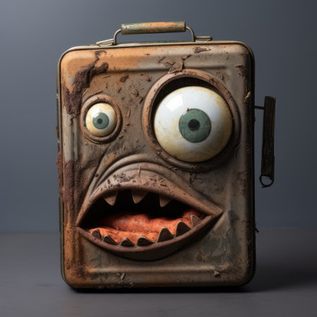 an old-looking suitcase with eyes, showcasing monstrous surrealism, smilecore, industrial and product design. this unique piece combines elements of environmental awareness, emotionally charged portraits, and mimicking ruined materials. with its bronzepunk aesthetic, this suitcase is a captivating blend of various artistic influences. ai generatedの素材