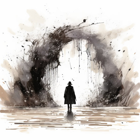 a man with a torch peers through an opening in this gothic black and white illustration. the artwork, done in the style of watercolor landscapes, features drips and splatters, creating a cinematic scene. the stormy seascape and perspective-bending graffiti add a touch of darkness to the overall composition, with shades of white and brown completing the atmospheric effect. ai generatedの素材