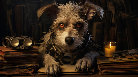 a white dog with red eyes and a blue jacket sits atop a stack of books, creating a cinematic composition reminiscent of frostpunk. the softbox lighting enhances the detailed costumes, while the dark yellow and gray color scheme adds to the atmospheric feel. captured with a voigtlander bessa r2m, this image exudes a zack snyder-esque aesthetic. ai generatedの素材