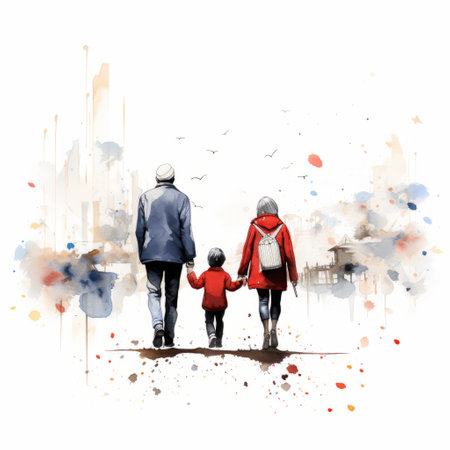 a woman walks with two children in a captivating watercolor ink illustration. the detailed background elements, including skylines, create a mesmerizing scene. the use of light gray and red adds a touch of fashion-illustration style. drips and splatters enhance the artistic effect of the image. ai generatedの素材
