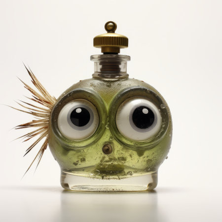the lid of the glass bottle features a surrealistic photograph-like image of a fish with two eyes. the fish is made of feathers and has a color palette of light green and amber. the proportions of the fish are toy-like, adding to its whimsical nature. the image carries a touch of grotesque satire, captured using a pentax espio mini camera and enhanced with chemical reactions.の素材