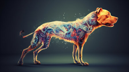 a black dog, depicted in a unique style resembling human anatomy, showcases a fusion of vibrant colors. this futuristic imagery, achieved through focus stacking, combines light orange and gray tones. the artwork creatively reduces the traditional canine anatomy, resulting in a captivating representation. this captivating piece has won a contest and embodies the essence of junglecore aesthetics. ai generatedの素材