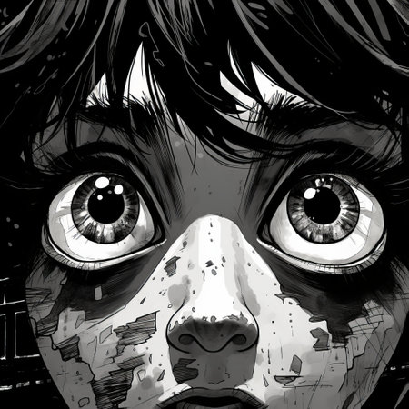three characters with big eyes are depicted in this black and white drawing, showcasing the style of action-packed scenes found in gritty horror comics. the artwork is characterized by blink-and-you-miss-it detail and exaggerated expressions, reminiscent of sosaku hanga prints. the realistic hyper-detail adds depth to the portrayal of a menacing demon. ai generatedの素材