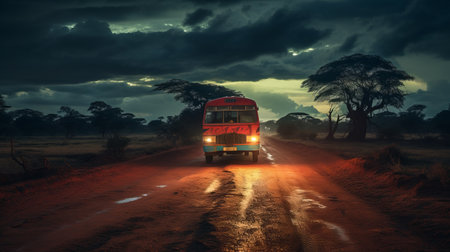 inside a bus, this atmospheric and moody landscape captures the african influence with its light red and azure tones. this uhd image showcases the art of tonga, combining landscape photography with luminous scenes. ai generatedの素材