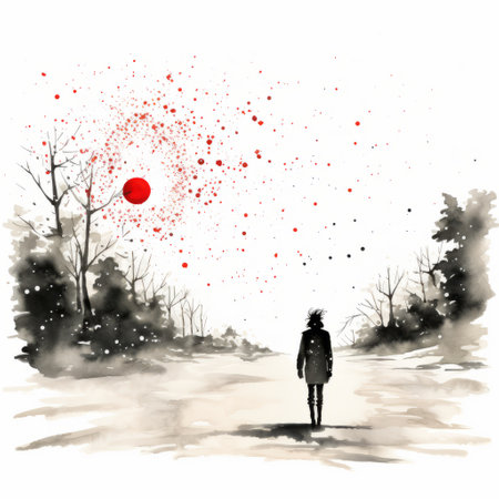 a girl walks through a snowy landscape in a captivating sketch. the style combines elements of light black and red, creating an apocalyptic atmosphere. splatter paintings and watercolor illustrations add depth to the scene. the forestpunk aesthetic is evident, with a touch of zen buddhism influence in the illustration. ai generatedの素材