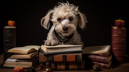 a dog, reminiscent of the baroque-punk style of bill gekas, gazes curiously at the books arranged on a table. this uhd image, inspired by the dusseldorf school of photography, captures the essence of anne mccaffrey's world. the poodlepunk aesthetic is evident in the dog's white and brown coat, adding a unique touch to the composition. ai generatedの素材