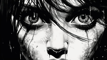 a woman with her mouth open and dark eyes is depicted in this detailed comic book art style image. the black and white realism adds depth to the splattered and dripped details, reminiscent of the works of robert kirkman, joe quesada, and claudia tremblay. ai generatedの素材