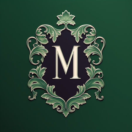 an ornate green and gold letter m logo, inspired by victorian illustrations, created by ruslan lobanov. the logo is set against a matte background and incorporates elements of maximilian pirner's dark navy and light green color palette. the design showcases meticulous attention to detail, reminiscent of intricate botanic studies. ai generatedの素材