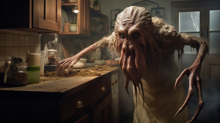 a misty creature, resembling a long serpent, is captured in this tabletop photograph. inspired by the style of animated film pioneers, the image focuses on atmospheric effects and hyper-realistic portraits. the creature appears to be preparing to eat, adding a sense of intrigue to the kitchen still life. this national geographic-worthy photo is truly mesmerizing, as it seems to be made entirely of mist. aiの素材