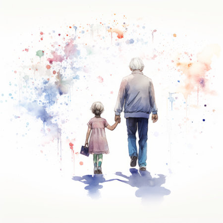 two grandchild characters are depicted in this stunning watercolor sketch, accompanied by an old man. the artwork is done in a manga style, with a resolution of 8k. the painting features splattered and dripped effects, along with a realistic use of light and color. the color scheme includes shades of light magenta and gray, creating a vivid and captivating visual experience. the overall aesthetic isの素材