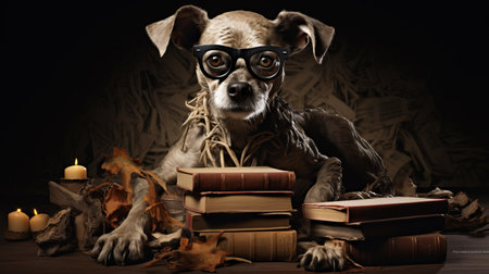 a dog wearing glasses sits amidst a collection of books, with candles placed on top. the studio portrait captures a unique blend of decay and twisted imagination, reminiscent of the styles of grzegorz domaradzki and alvin langdon coburn. the charming characters and smokey background add to the overall allure of the image. ai generatedの素材