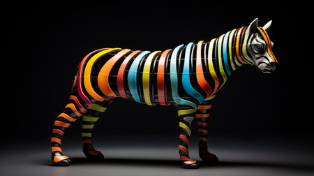 a zebra sculpture with vibrant, colorful stripes stands in the dark, resembling a modular sculpture. this minimalistic canine sculpture features bright glazes and rim light, creating a striking visual effect. the sculpture is made from recycled materials, showcasing colorful curves and layered translucency. ai generatedの素材