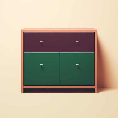 a green and brown cabinet is showcased in this photo, standing out against a clean white background. the cabinet embodies a blend of light orange and dark magenta colors, reflecting an abstract minimalism aesthetic. this nostalgic illustration captures the essence of isometric design and minimalist backgrounds, exuding an elegant simplicity with a touch of retro-style charm. ai generatedの素材