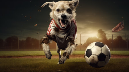 an american dog with a strong facial expression is captured chasing a soccer ball in a park. the photo features a post-apocalyptic backdrop, with layered images showcasing a mix of light silver and dark orange tones. the composition reflects elements of grandparentcore and the sharp, prickly aesthetics of the group f64. ai generatedの素材