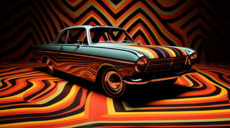 the orange and black car is showcased in a striped area, featuring a psychedelic graphic design reminiscent of timeless nostalgia. this uhd image captures the essence of the 1960s with its swirling colors and photographically detailed portraitures. the metallic finishes add a touch of elegance to this captivating scene. ai generatedの素材