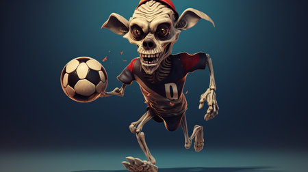 a cartoon skull, in the style of zbrush, is seen playing soccer with a soccer ball. this surreal character study showcases elements of goblin academia and devilcore, with its emotive and lively tableau. the navy and crimson colors add depth to the realistic hyper-detail of the scene. ai generatedの素材