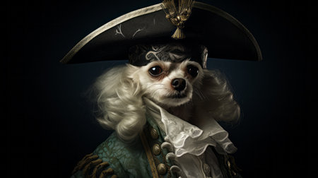 a pirate-themed dog costume on a black and white background, reminiscent of sacha goldberger's rococo pastel hues and baroque-inspired figurative works. this realistic and hyper-detailed portrayal, similar to pascale campion's style, captures the essence of the baroque era. the image exudes a sense of whimsy and playfulness, reminiscent of the wimmelbilder tradition. ai generatedの素材