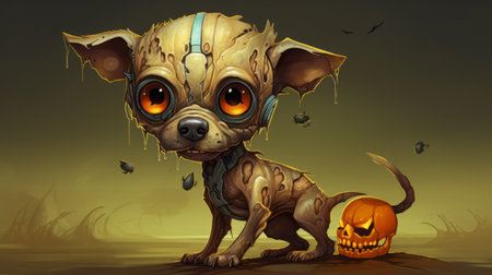a cartoon dog, wearing a halloween costume, stands beside a pumpkin. this surrealistic image showcases muted tones and chromepunk elements. with highly detailed realism, it resembles screenshotsaturday artwork. the illustration draws inspiration from necronomicon illustrations and features animals. the distressed materials add to its unique aesthetic. ai generatedの素材