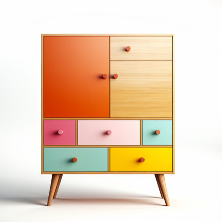 a contemporary furniture cupboard design featuring vibrant color palettes inspired by colorful absurdism. the white background enhances the eye-catching details of this midcentury modern piece. perfect for abstract minimalism appreciators, this uhd image is sure to make a statement in any space. ai generatedの素材