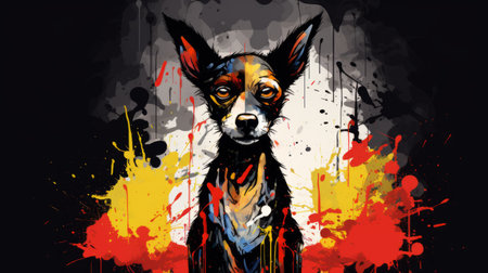 an abstract painting of a dog, featuring black and yellow stripes, in the style of surrealistic cartoons. the painting showcases a color splash effect with dark gray and red tones, along with drips and splatters. the background elements are intricately detailed, adding depth to the artwork. this piece embodies a lowbrow aesthetic and is presented in a tondo format. ai generatedの素材