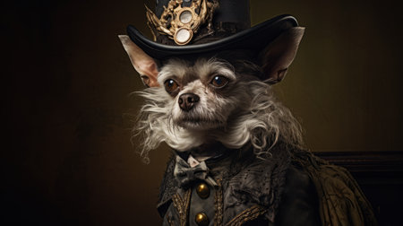 a dog wearing a top hat poses for a baroque sci-fi, western-style portrait. the detailed costume showcases elements of goblin academia and studio photography. this unique image combines the aesthetics of grandparentcore and steelpunk, creating a visually captivating and intriguing composition. ai generatedの素材