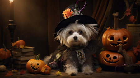 a small pet dog wearing a witch costume, adorned in black and orange with pumpkins, captured in a national geographic-style photograph. the image features a sepia tone with hints of dark white and magenta, creating a highly realistic and luxurious furry art. the photo showcases vignetting, adding depth and enhancing the overall aesthetic. ai generatedの素材