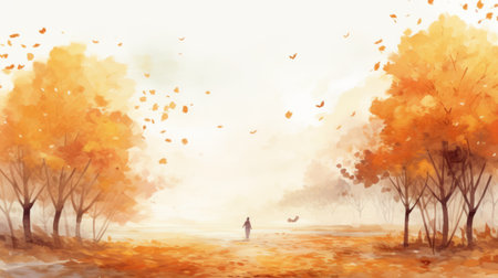 a watercolor painting of an autumn forest featuring an anime-inspired man sitting on the path. the artwork is created in the style of 2d game art, with light orange and white hues. the painting showcases ethereal cloudscapes and is rendered in 8k resolution, capturing the intricate details of the scene. ai generatedの素材