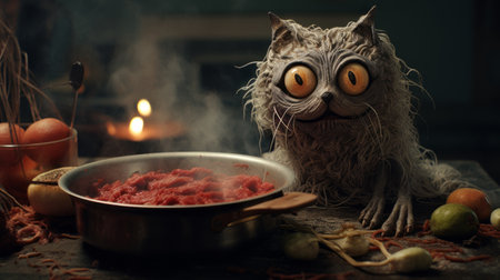 cat eating cooked food with hair in a mysterious and dreamlike scene rendered in cinema4d. this halloween-themed photograph showcases photographically detailed portraitures, tangled nests, gritty reportage, and textured expressions. ai generatedの素材