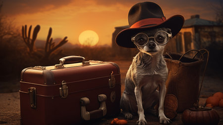 a chihuahua puppy wearing a hat sits beside a suitcase, creating a whimsical scene reminiscent of cowboy imagery. the photo showcases the artist's expertise in matte painting and photo-realistic techniques, with a touch of post-apocalyptic imagery. the use of unreal engine 5 enhances the visual appeal, while the object portraiture specialist skillfully captures the essence of australian landscapes. ai generatedの素材