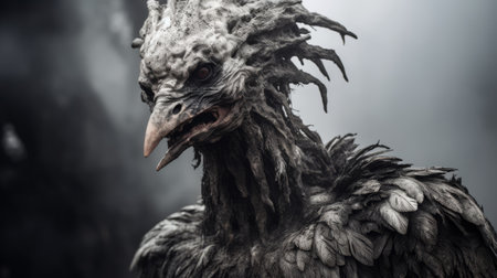 the creature in this photo is a grim and looming figure, reminiscent of life-like avian illustrations found in epic fantasy scenes. it stands against a backdrop of spiky mounds, dressed in elaborate costumes. the image is in uhd quality, capturing the evocative environmental portrait of this mysterious being. ai generatedの素材