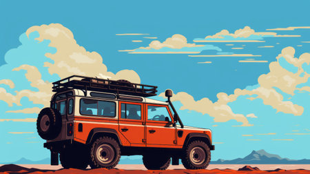 an orange colored jeep with its back seat up is depicted in this graphic design-inspired illustration. the impressive skies in the background add depth to the retro-style landscape painting. captured in 32k uhd, this image showcases the artistic blend of graphic illustrations and the vintage charm of the ricoh ff-9d camera. ai generatedの素材