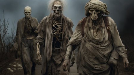 three skeletons, dressed in black costumes, stride away in a scene reminiscent of epic fantasy. the creased, crinkled, and wrinkled details add depth to their appearance. with earthy colors and hyper-realistic portraits, these inventive character designs come to life through the lens of the zeiss milvus 25mm f/1.4 ze, capturing the essence of rural life depictions. ai generatedの素材
