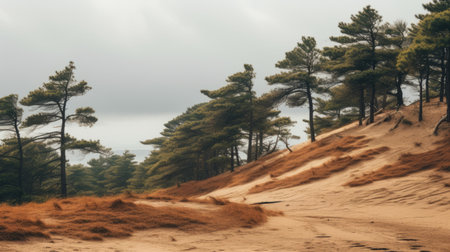 a serene atmospheric perspective captured in this documentary travel photograph showcases a forest on top of a hill. the style of the image is reminiscent of the heian period, with its dark beige and green tones. the stormy seascapes and en plein air beach scenes add depth to the composition, while the light orange and maroon hues create a captivating visual experience. ai generatedの素材