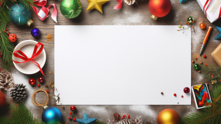 christmas decorations, including ornaments and white paper, are showcased in this photorealistic art-style photograph. the composition is masterfully arranged with a sparse use of color, inspired by advertisements. the innovative page design and matte finish enhance the playful streamlined forms of the decorations. ai generatedの素材