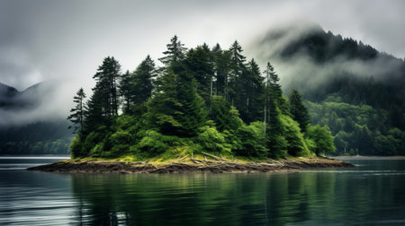 a mist and fog covered island on the shore, showcasing a captivating blend of dark green and green hues. this national geographic photo captures the essence of native american, first nations, and alaska native art, with its nature-inspired and atmospheric woodland imagery. the uhd image by joong keun lee is a stunning representation of the natural beauty found in this serene landscape. ai generatedの素材