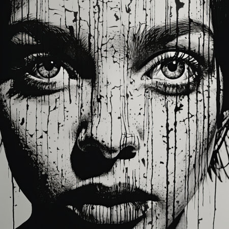 a woman's face is depicted in this black and white illustration, featuring black splatters that add a touch of artistic flair. the style of the artwork is reminiscent of realistic hyper-detailed portraits, romantic graffiti, large canvas paintings, engraved line-work, and ceramic street art. the close-up view captures the intricate details of the subject's features. ai generatedの素材