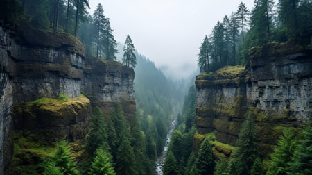 a photo of a waterfall canyon in a forest, surrounded by lush green trees. the image captures the unique blend of gloomy metropolises and odd juxtapositions, reminiscent of the vancouver school style. the expansive landscape, reminiscent of a national geographic photo, is enhanced by the smokey background and rough edges. ai generatedの素材