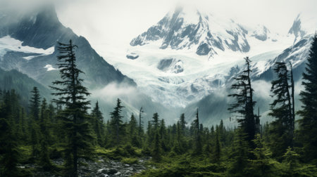 a stunning mountain range, captured in the style of mike campau, is beautifully framed by lush trees and towering mountains. the soft-focus technique used in this photograph, reminiscent of jeremy mann's work, adds a dreamlike quality to the scene. shot on fujifilm provia 400x film, the image showcases the intricate details of the northwest school's breathtaking natural environments. ai generatedの素材