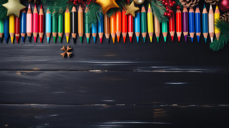 colorful pencils and colored chalk create a vibrant art design on a black background. this xmaspunk-inspired style combines dark emerald and amber hues with light gold and red accents. the graphic arrangements evoke the artistic influence of the helsinki school. the festive atmosphere is enhanced by the found-object-centric approach. ai generatedの素材