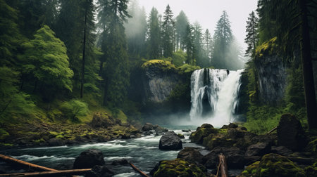 a mesmerizing 8k national geographic photo captures a misty gothic waterfall nestled amidst hills and trees in a serene forest. this enchanting scene exudes a whistlerian ambiance, with elements of forestpunk and rusticcore, creating a romantic riverscape that is truly captivating. ai generatedの素材
