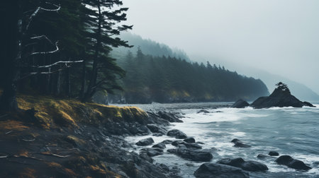 a foggy forest scene captures a grassy area surrounded by majestic trees. a rock sits peacefully next to the calm waters, resembling naturalistic ocean waves. the image exudes the rustic charm of new american color photography, with atmospheric and whistlerian elements. it showcases the beauty of romantic dramatic landscapes and evokes a sense of tranquility. ai generatedの素材