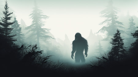 a wallpaper featuring swipers bigfoot and the creature of the forest in a misty atmosphere, with an apocalyptic landscape. the artwork is illustrated in a fantasy style, reminiscent of gabriel isak's work. the wallpaper has a low resolution and incorporates high-contrast shading, similar to the style of frank holl. ai generatedの素材