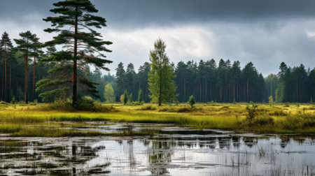 a serene forest landscape captured with the nikon d850 camera, showcasing the beauty of nature in the southern countryside. the image features tall trees, tranquil waters, and a dark sky, creating a captivating atmosphere. with its uhd quality, this photograph by serge marshennikov highlights the artist's sensitivity to the natural world, while incorporating elements of georg jensen's style with hints of yellow and green. aiの素材