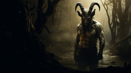 a dark angel wallpaper featuring a horned demon monster in the style of witchcraft, rendered in unreal engine. the atmospheric woodland imagery captures the essence of felicien rops and sublime wilderness. the pastoral scenes are reminiscent of samuel van hoogstraten, digitally enhanced for a captivating visual experience. ai generatedの素材