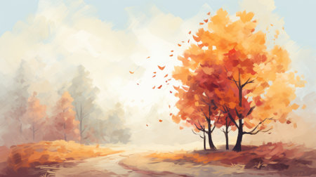 leaves scattered on a road, resembling a speedpainting with vibrant orange and maroon hues. this pastel-colored landscape captures the essence of animated illustrations, featuring ethereal trees. the aquarellist's touch adds a dreamy quality to this captivating illustration. ai generatedの素材