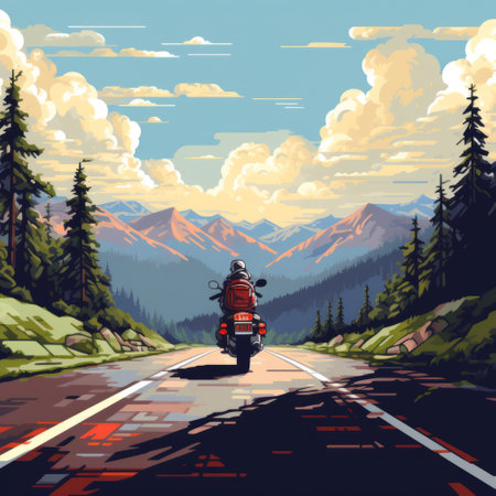 a stunning pixel-art depiction of a scenic landscape featuring majestic mountains and lush trees lining the road. the artwork showcases vibrant colors, including shades of blue, dark red, and light brown. with a touch of lowbrow art style and heavy inking, this captivating image emphasizes character design. captured using a nikon d850 camera. ai generatedの素材