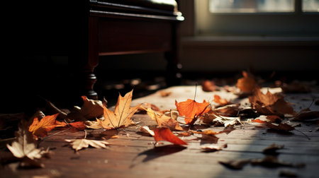 autumn leaves gracefully cascade in the warm sunlight, creating a captivating interior scene. captured with the tokina opera 50mm f/1.4 ff lens, this photo showcases a dramatic atmospheric perspective and a photorealistic rendering. the scattered composition features dusty piles of vibrant orange leaves, evoking the essence of the autumn season. ai generatedの素材